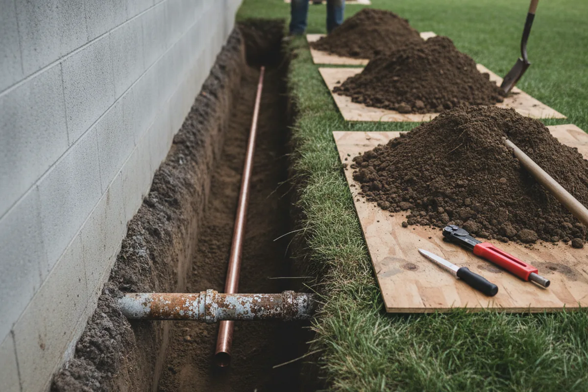 Excavated water line trench during Water Softener Installation in Badger